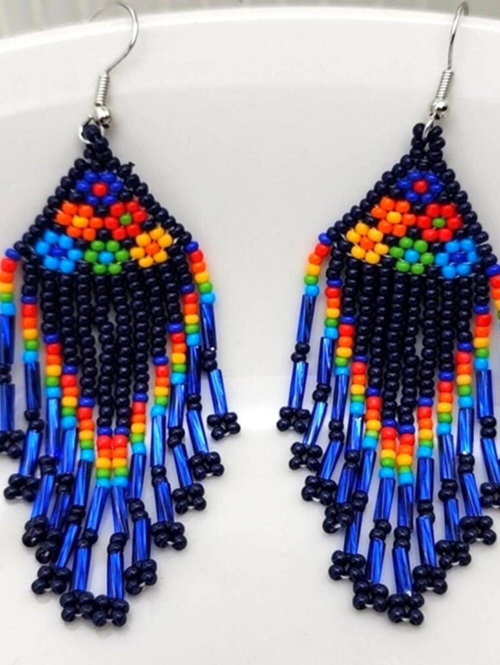 Indigo Nomad Retro Blue Floral Beaded Dangle Earrings